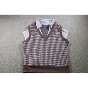 Meroki Womens M Vest‎ Brown White Gingham Sleeveless V Shirt Combo School Girl